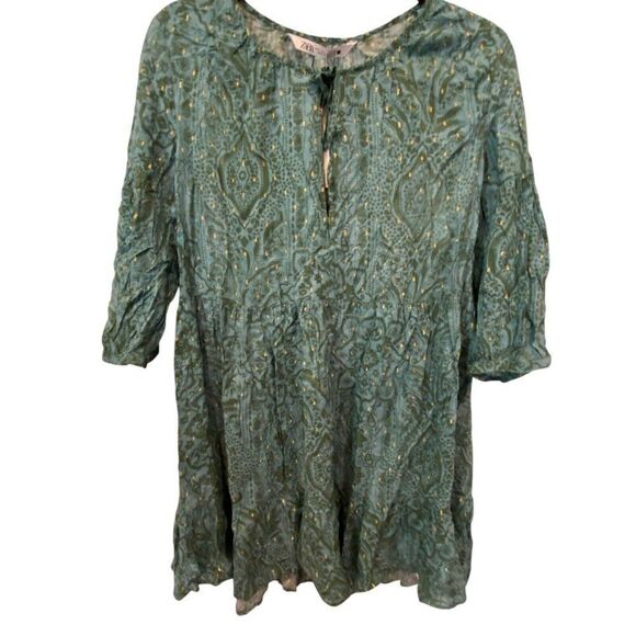 Zara Womens Mini Dress L Green Metallic Thread Dotted Mesh Tiered 2587/055 NWOT - Picture 4 of 9